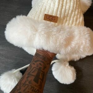 UGG Cream Knit Hat with Faux Fur Trim